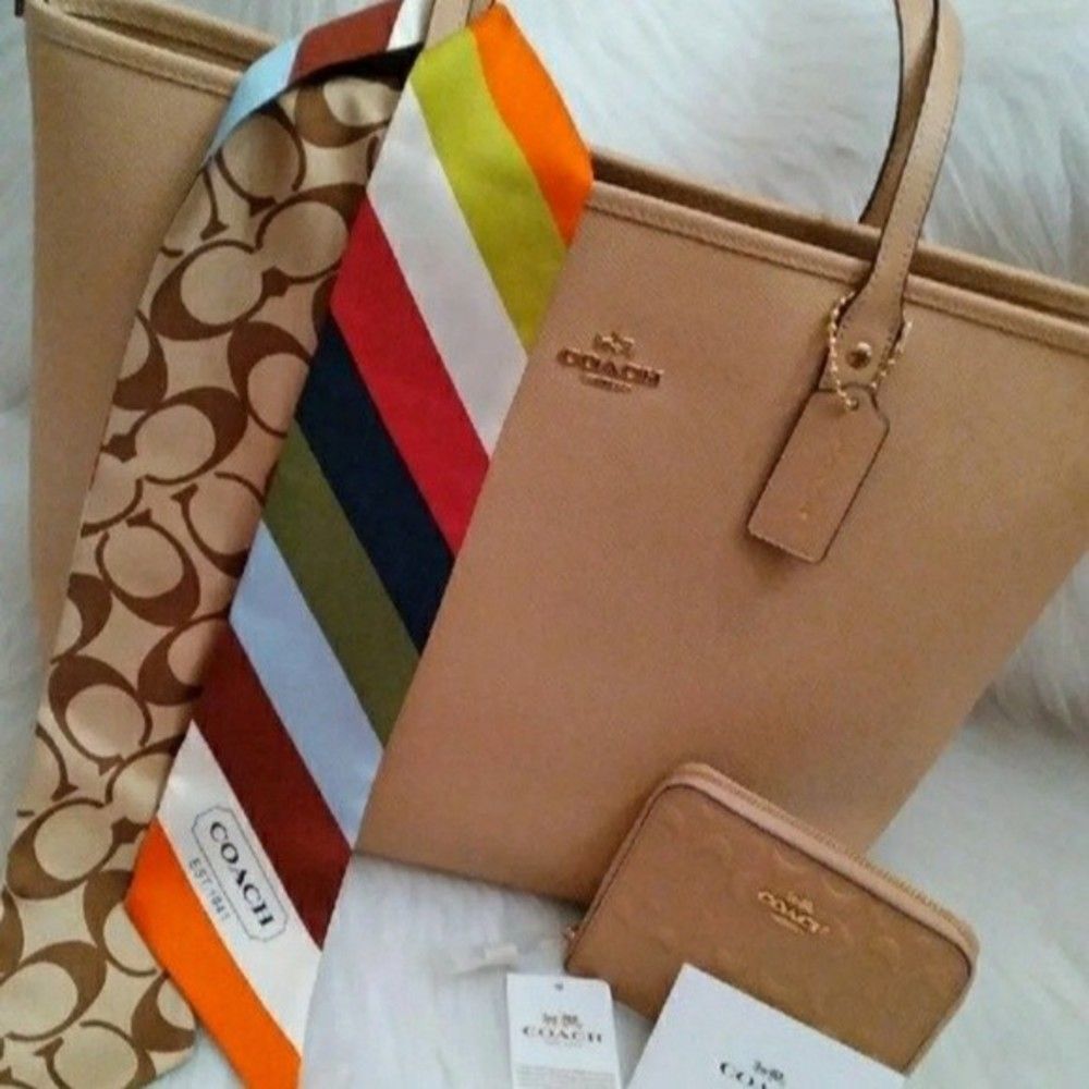 ♥️ COACH TOTE LEATHER SHOULDER BAG WITH COACH MATCHING WALLET SET NWOT